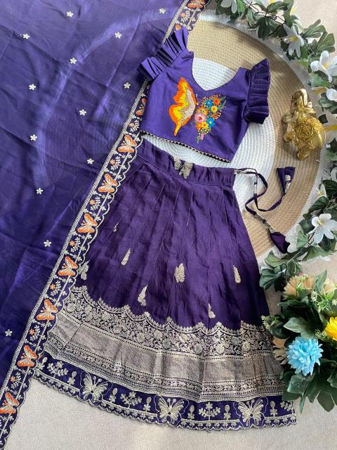 Butterfly Buff Lehengha-Choli Dupatta Vichitra Silk Purple Cheap kids wear supplier in Kolkata - wholesale export
